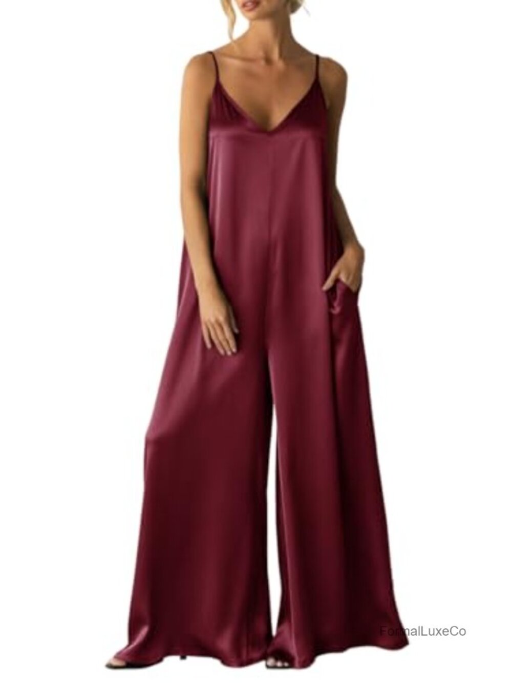 Satin Wide Leg Jumpsuit Dressy Flowy Date Night Spaghetti Strap V-Neck